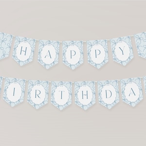 Blue Coquette Bow Birthday Party Banner Template, Pastel Blue Grandmillennial Theme 1st Birthday Party with Whimsical Hand Drawn Bows WP1061