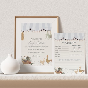 Blauwe boerenmarktadvies voor babykaarten afdrukbare sjabloon, boerderijvers feest voor genderneutrale babyshower, lokaal geteelde partij van eigen bodem