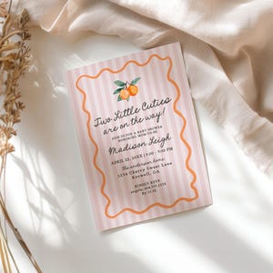 Pink Two Little Cuties Twins Baby Shower Invitation Template, Pastel Citrus Baby Sprinkle for Summer Baby Shower, Retro Clementine WP1050 image 6