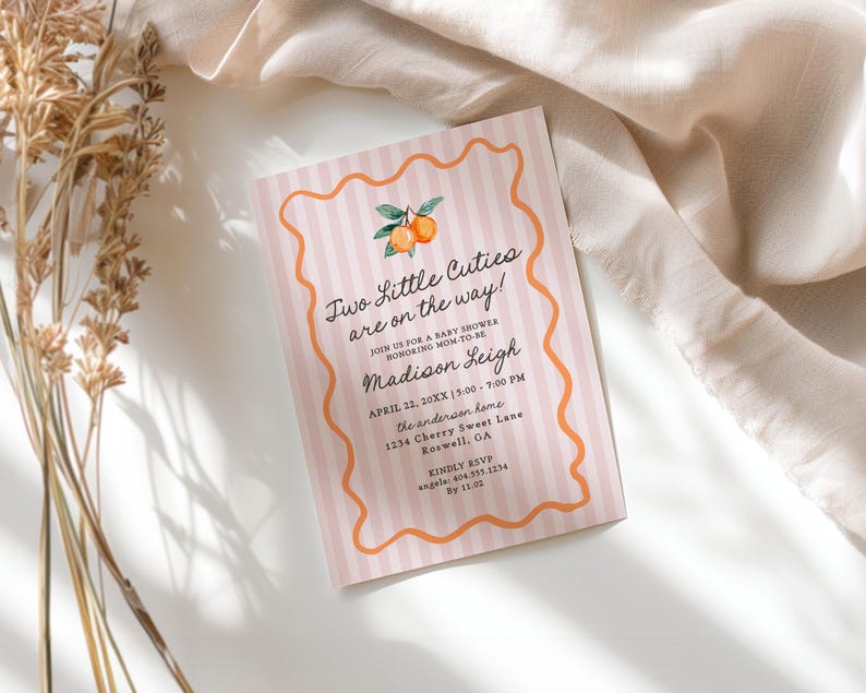 Pink Two Little Cuties Twins Baby Shower Invitation Template, Pastel Citrus Baby Sprinkle for Summer Baby Shower, Retro Clementine WP1050 image 6