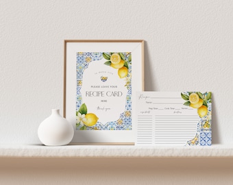 Amalfi Coast Recipe Card Printable Template for Bridal Shower, Lemon Citrus Mediterranean shower decor with blue tiles, Italian, WP3016