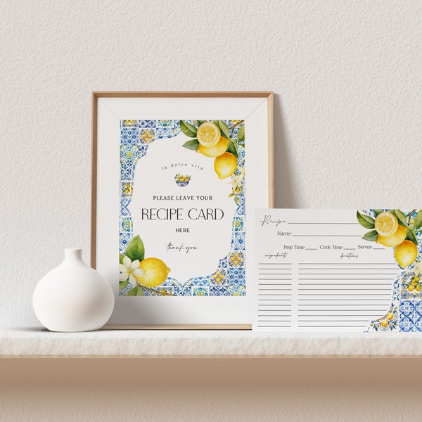 Amalfi Coast Recipe Card Printable Template for Bridal Shower, Lemon Citrus Mediterranean shower decor with blue tiles, Italian Tuscan theme