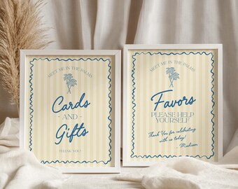 Gelbe Palm Springs Karten & Geschenke und Bevorzugungen Schild Vorlage, Vintage Palme Strand Cabana Geburtstag Pool Party, Tropische Bachelorette WS1049