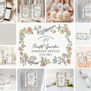 May include: A pastel floral wreath with the text "Pastel Garden Birthday Bundle (any age)" and the words "spring garden party". The wreath is surrounded by various printable party decorations, including invitations, thank you cards, cupcake toppers, and table numbers. The decorations feature a pastel color palette and floral designs.