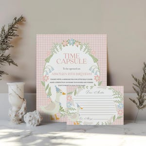 Dumme Gans Zeitkapsel mit rosa Blumenmuster, kleine Enten-Geburtstagsvorlage für Mädchen, pastellfarbene Blumen-Gingham-Geburtstagsdekoration WS1022