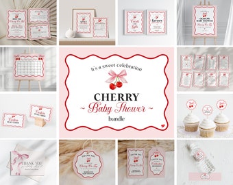 Cherry Sweet Baby Shower Bundle Printable Template, Cherry on Top Theme Spring or Summer Shower for girl, pink and red wavy soda shop WP1009