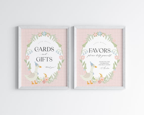 Pink Floral Silly Goose Cards & Gifts and Favors Sign Printable Template, Little Duck Girl Birthday, Pastel Gingham Baby Sprinkle WP1022