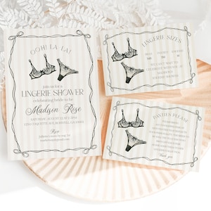 May include: A set of lingerie shower invitations and cards. The main invitation features the text "Ooh La La!" and "Lingerie Shower" with a bra and panty illustration. Additional cards detail lingerie sizes and request new panties.