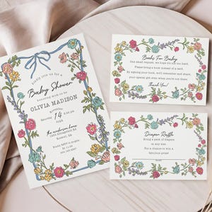 Summer Garden Party Baby Shower Invitation Template, Bright Floral Baby in Bloom Baby Sprinkle, Coquette Summer Wildflower Bouquet WP1058