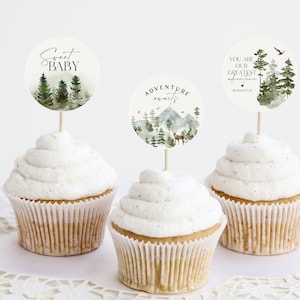 Forest Woodland Baby Shower Cupcake Toppers Printable Template, wilderness baby boy party decor, woodsy baby shower, let the adventure begin