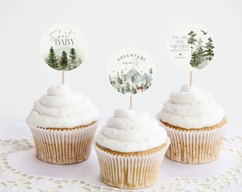 Forest Woodland Baby Shower Cupcake Toppers Printable Template, wilderness baby boy party, woodsy baby shower let the adventure begin WP1028