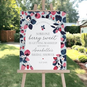 Mint Strawberry Bridal Shower Welcome Sign Printable Template, Berry sweet bridal shower for spring or summer bride fresh fruit bridal party