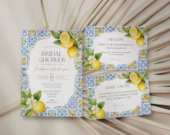 Amalfi Coast Bridal Shower Invitation Printable Template, Lemon Citrus Mediterranean shower decor with blue tiles Coastal Italian theme