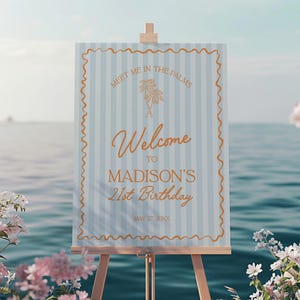 Blau Palm Springs Geburtstag Willkommen Schild Vorlage, Vintage Palme Strand Cabana Geburtstag Pool Party, Retro Tropische Pastell Party WS1048