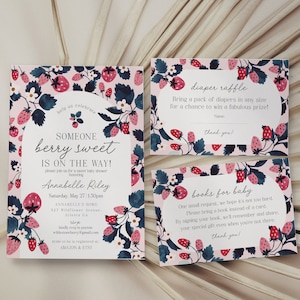 Pink Strawberry Baby Shower Invitation Bundle Instant Download, Berry sweet baby shower for spring summer fresh fruit baby shower for girl