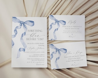 Blue Bow Bridal Shower Invite Printable Template, Something Blue Before I Do Fancy Coquette Bow Bridal Brunch, Shes Tying the Knot WP1031