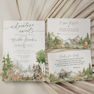 Woodland Animals Baby Shower Invite Printable, mountain adventure awaits party pack, gender neutral camping invitation woodsy baby shower