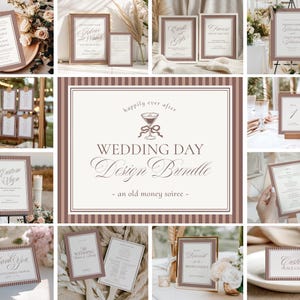 Könnte beinhalten: Eine Sammlung von Hochzeitsdesignelementen, darunter Schilder und Menüs. Die Designs weisen einen gestreiften Rand in Braun- und Cremetönen mit eleganten Schriftarten auf. Das zentrale Bild zeigt "WEDDING DAY Design Bundle".