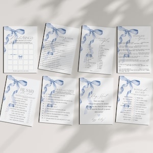 Ensemble de jeux de douche nuptiale avec noeud bleu, modèle imprimable, quelque chose de bleu avant que je fasse brunch nuptiale fantaisie avec noeud, elle fait le noeud WP1031