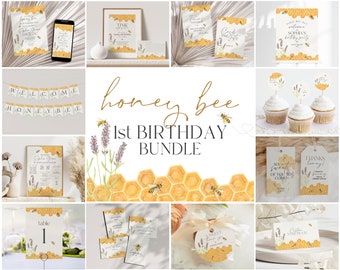 May include: A collection of honey bee-themed party decorations. The items include invitations, signs, cupcake toppers, tags, and a banner. The designs feature honeycomb patterns, lavender, and bees. The text includes "Welcome", "Honey Bee", and "1st Birthday Bundle".