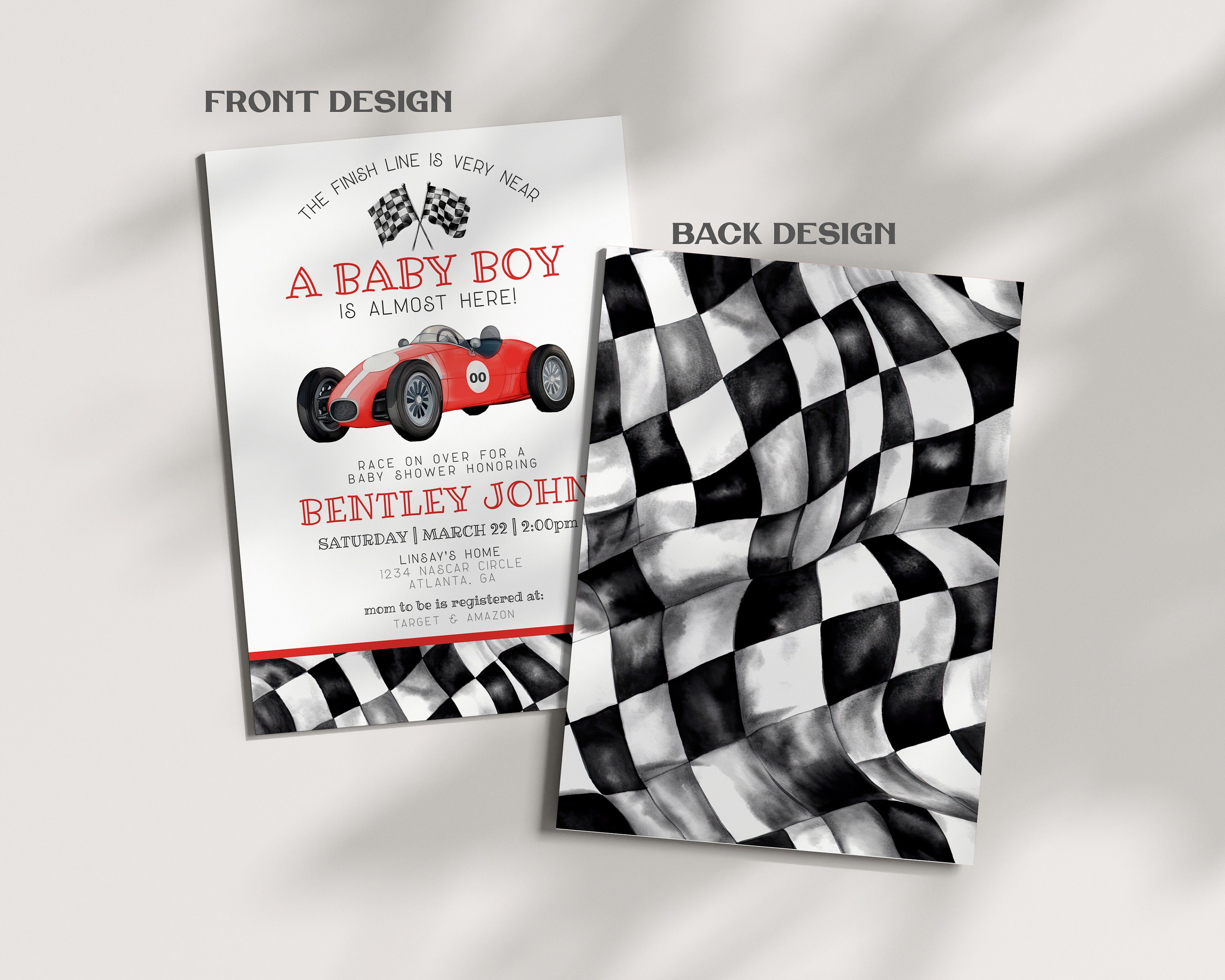 Red Race Car Baby Shower Invitation Template, Instant Download Vintage ...