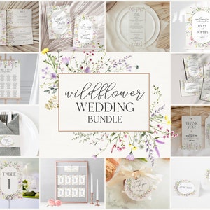 Delicate Wildflower Wedding Decor Bundle Printable, printable floral wedding invites, instant download Editable Template, Sign Bundle