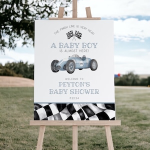 Blaue Rennauto-Babyparty-Willkommensschild-Schablone, sofortiger Download Rasse über Babypartyschablone für Jungen, Retro Weinlese-Rennautoparty