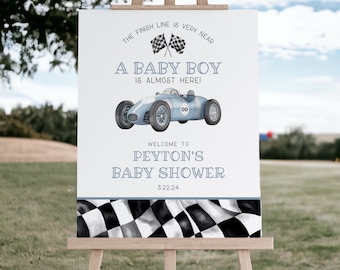 Blue Race Car Baby Shower Welcome Sign Template, instant download race on over baby shower template for boy, retro vintage racecar party