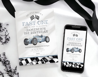 Blue Race Car First Birthday Fast One Invitation Template, instant download race on over birthday for boy our little racer is a fast, WP3006