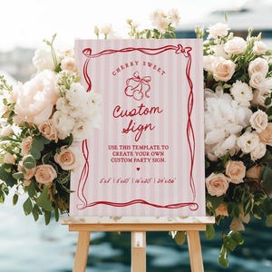 Pink Cherry Coquette Bow Custom Sign Template, Retro Cherry on Top Baby Shower, Cherry Sweet Bridal Shower, Hand Drawn Birthday Decor WP1038