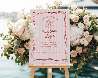 Pink Cherry Coquette Bow Custom Sign Template, Retro Cherry on Top Baby Shower, Cherry Sweet Bridal Shower, Hand Drawn Birthday Decor WP1038