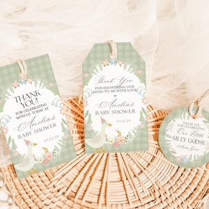 Green Floral Silly Goose Baby Shower Favor Tags Printable Template, Little Duck Theme Shower Girl, Pastel Sage Gingham Baby Sprinkle WP1024