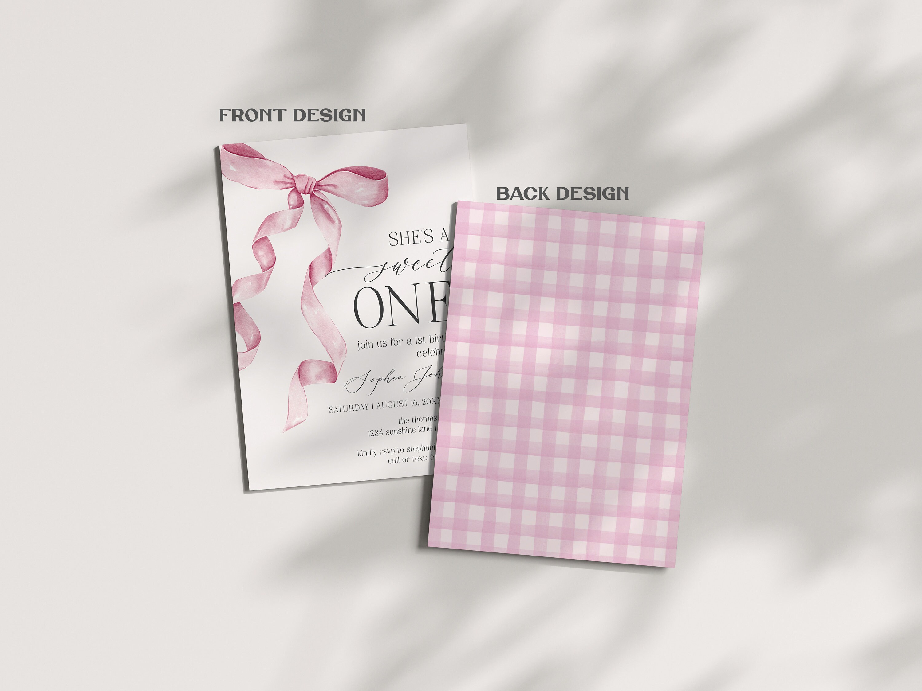 Pink Bow 1st Birthday Invitation Printable Template, Watercolor Preppy ...