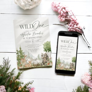 Wild One Woodland Animals 1st Birthday Invitation Template, Adventure Awaits Birthday Party Decor, Woodsy Wilderness Camping Bday WP1029