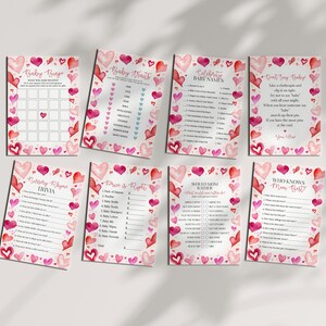 Puede incluir: Un conjunto de tarjetas de juego de baby shower imprimibles con un diseño de corazón de acuarela rosa y rojo. Los juegos incluyen "Baby Bingo", "Rasgos del bebé", "Nombres de bebés famosos", "No digas bebé", "Trivia de rimas de la guardería", "El precio es correcto", "¿Qué preferiría mamá?", y "¿Quién conoce mejor a mamá?".
