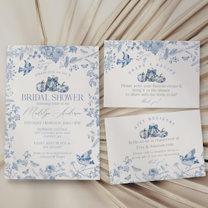 Blauwe toile de jouy-pompoenen afdrukbare sjabloon bruids douche uitnodiging, blauwe herfst chinoiserie decor voor Franse bruidsbrunch oktober WP1006