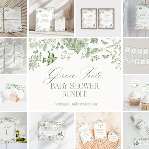 Lot imprimable Toile de Jouy verte pour baby shower, Chinoiseries bébé en fleurs, fleurs sauvages, brunch pour bébé, toile olive, papillons et oiseaux WP1007