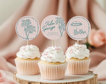 Rosa Palm Springs Kuchendeckel zum Ausdrucken, Vintage Palme Strand Cabana Geburtstag Pool Party, Tropisches Pastell Bachelorette Thema WS1046