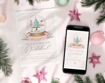 Plantilla de invitación de primer cumpleaños con diseño de Cascanueces en rosa pastel, descarga instantánea para fiesta de cumpleaños navideña de invierno para niña, WP3045