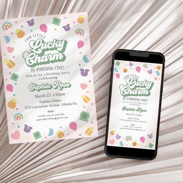 Lucky Shamrock St Patricks Birthday Invitation Printable Template, instant download March Lucky Rainbow birthday for Girl Irish Birthday