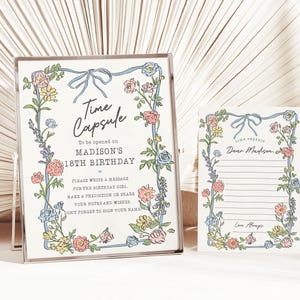 Modelo de cápsula do tempo para festa no jardim de primavera, festa de aniversário floral pastel de 1º aniversário para menina coquete, buquê de flores silvestres de verão, rabisco WP1057
