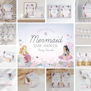 Può includere: Un pacchetto per feste di baby shower a tema sirenetta con una varietà di articoli stampabili, tra cui inviti, biglietti di ringraziamento, segnaposto e decorazioni. Il design presenta un'illustrazione ad acquerello di una sirenetta con colori rosa e viola.
