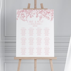Rosa Chinoiserie Hochzeit Sitzplan druckbare Vorlage, Rosa Chinoiserie Toile Brautbrunch Frühling Dusche Dekor für Französische Braut WM1010