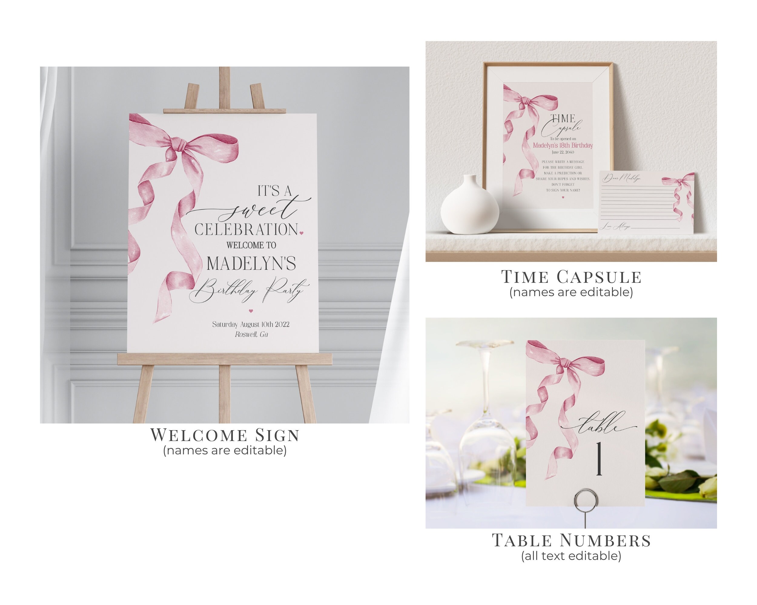 Pink Bow First Birthday Bundle Printable Template, Watercolor Preppy ...