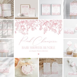Peut inclure: Ensemble de fête prénatale rose Chinoiserie, une collection florale élégante. Ce téléchargement numérique comprend une variété d'articles imprimables, tels que des invitations, des cartes de remerciement et des décorations de cupcakes, tous ornés d'un délicat motif floral rose.