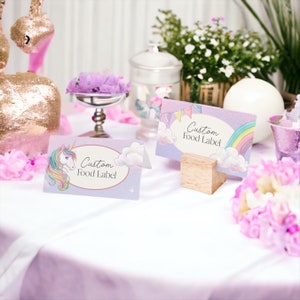 Plantilla imprimible de tarjetas de lugar de unicornio, tarjeta de carpa de comida de unicornio, etiquetas de comida de unicornio, tarjeta de lugar de arco iris, tarjeta con nombre, fiesta de cumpleaños de niña con unicornio
