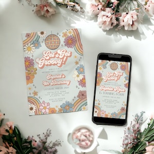 Lets Get Groovy Floral Birthday Invitation Template Set, groovy babe birthday invitation retro 70s birthday party invite boho hippie invite