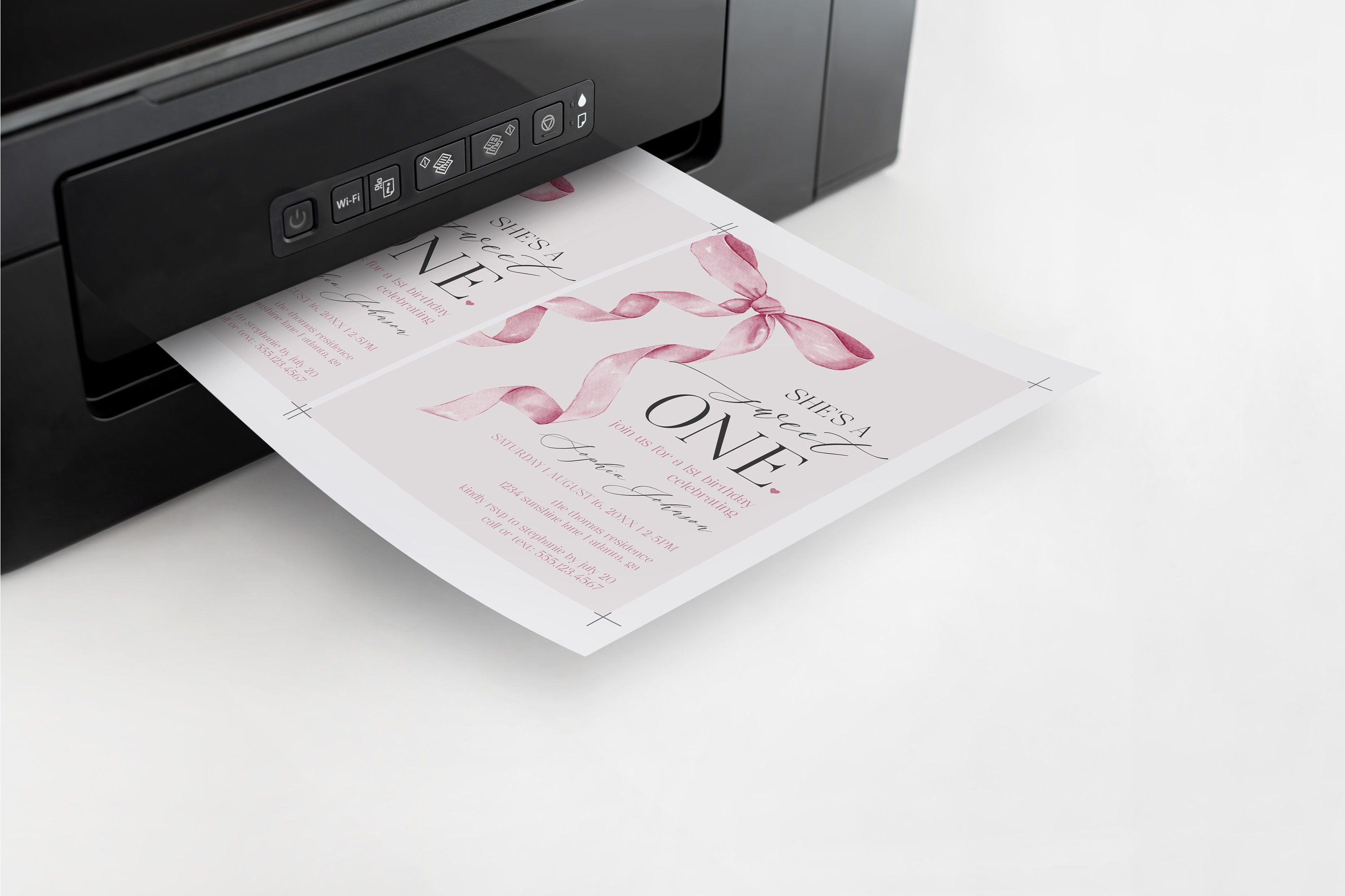 Pink Bow 1st Birthday Invitation Printable Template, Watercolor Preppy ...