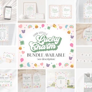 May include: A printable set of party decorations for a baby shower with a green, white and gold colour scheme. The decorations feature a rainbow, shamrocks and the text "Our Little Lucky Charm".