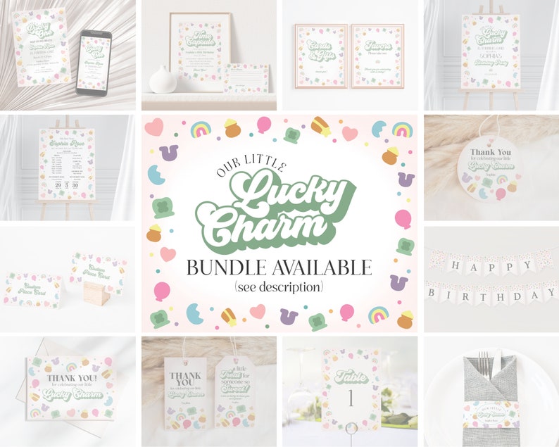 May include: A printable set of party decorations for a baby shower with a green, white and gold colour scheme. The decorations feature a rainbow, shamrocks and the text "Our Little Lucky Charm".